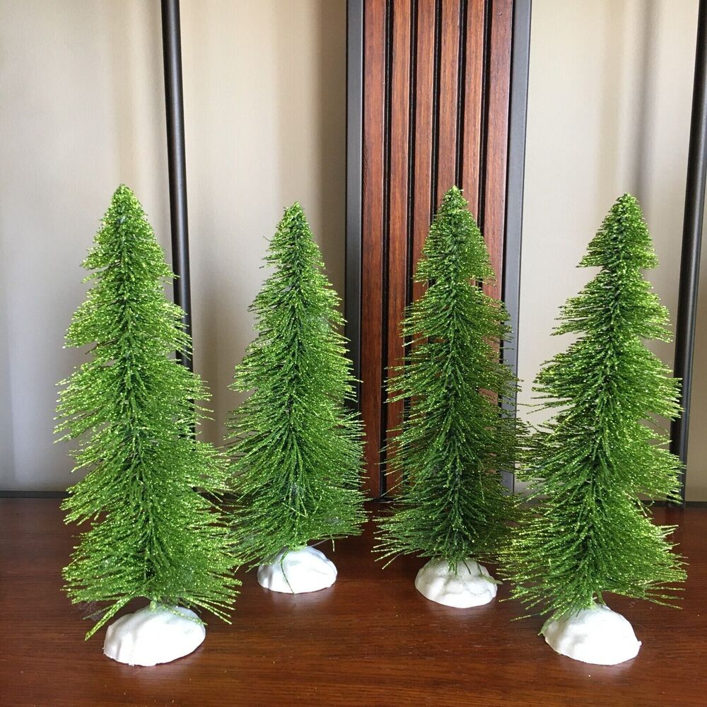 4 Green Glitter Tabletop Decor Bottle Brush Christmas Trees Snow Base 9" x 4"
